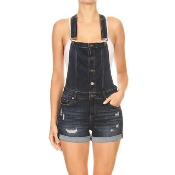 EnJean Dark Wash Blue Denim Distressed Shortalls Women's Size Small - Picture 1 of 9
